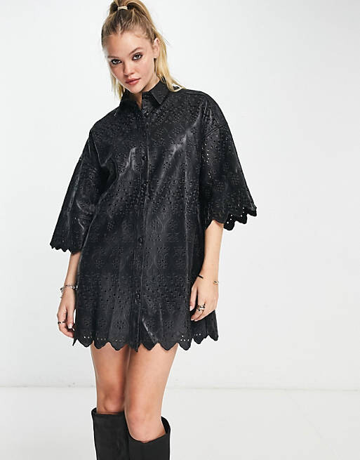 

Черное платье-рубашка с короткими рукавами из искусственной кожи ASOS DESIGN, Черный