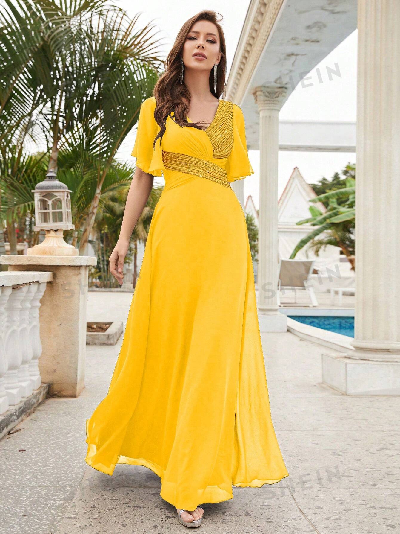 Шифоновое платье для матери невесты с V-образным вырезом и блестками, желтый