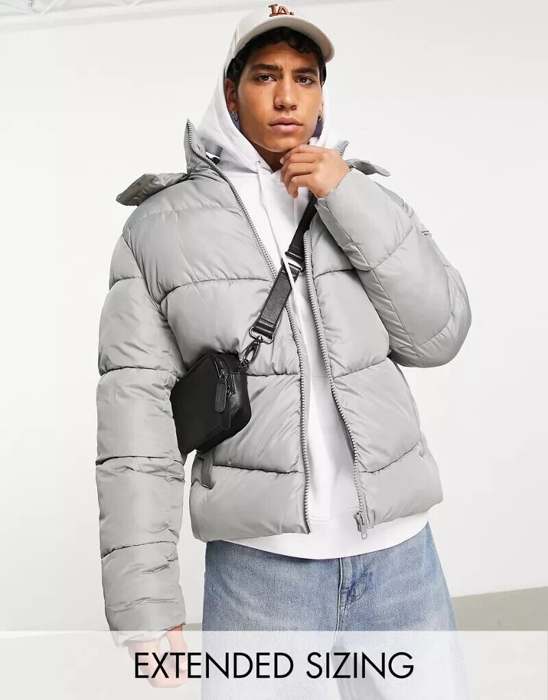 

Серая стеганая куртка со съемным капюшоном ASOS