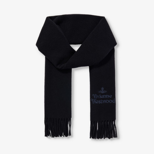 Шерстяной шарф с фирменной вышивкой и бахромой Vivienne Westwood, черный
