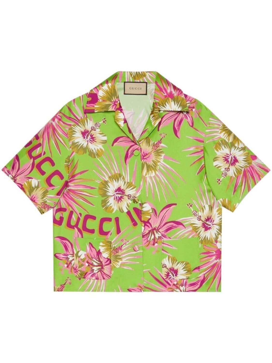 

Шелковая рубашка с короткими рукавами и цветочным принтом Gucci, зеленый
