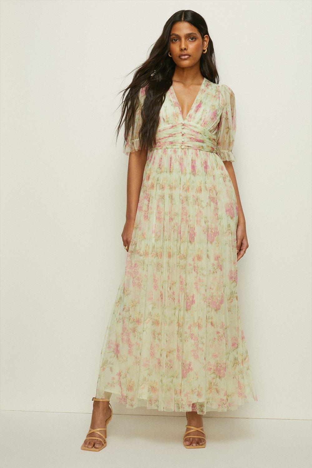 Сетчатое платье макси с цветочным принтом и пуговицами Oasis, зеленый цена и фото