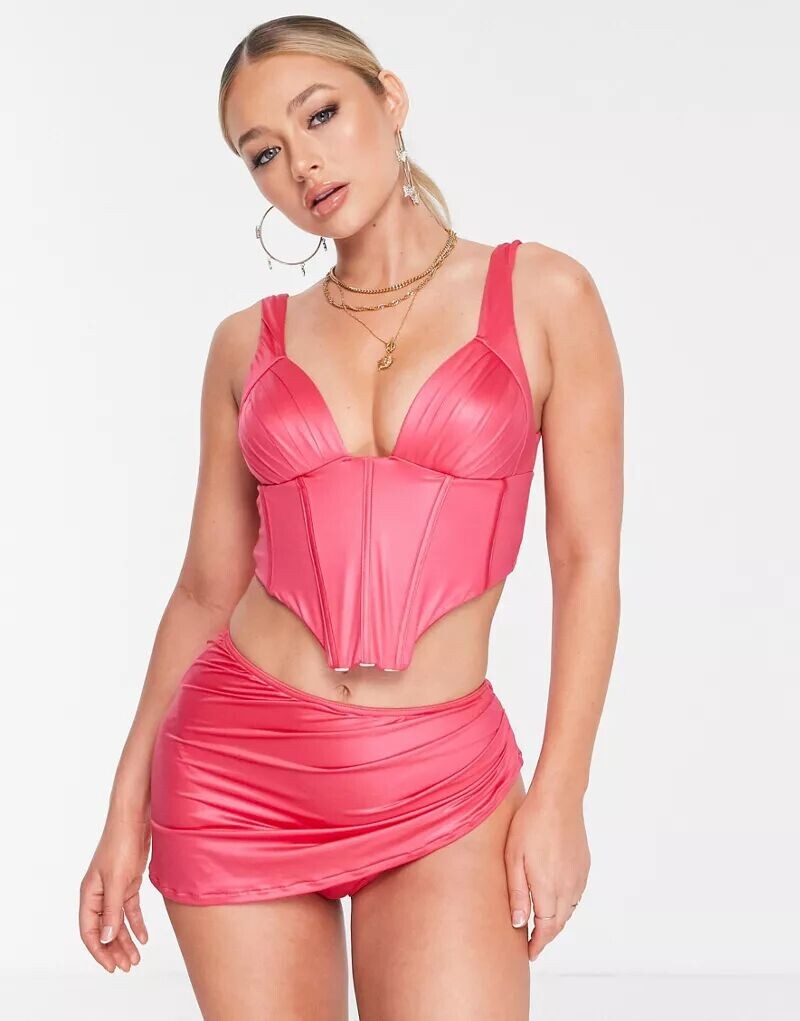 

Ярко-розовая атласная юбка бикини и трусы с запахом ASOS