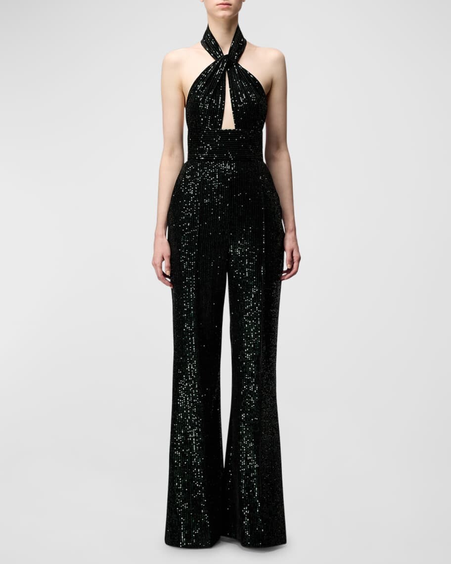 

Украшенный пайетками бархатный комбинезон с перекрученным халтером Elie Saab