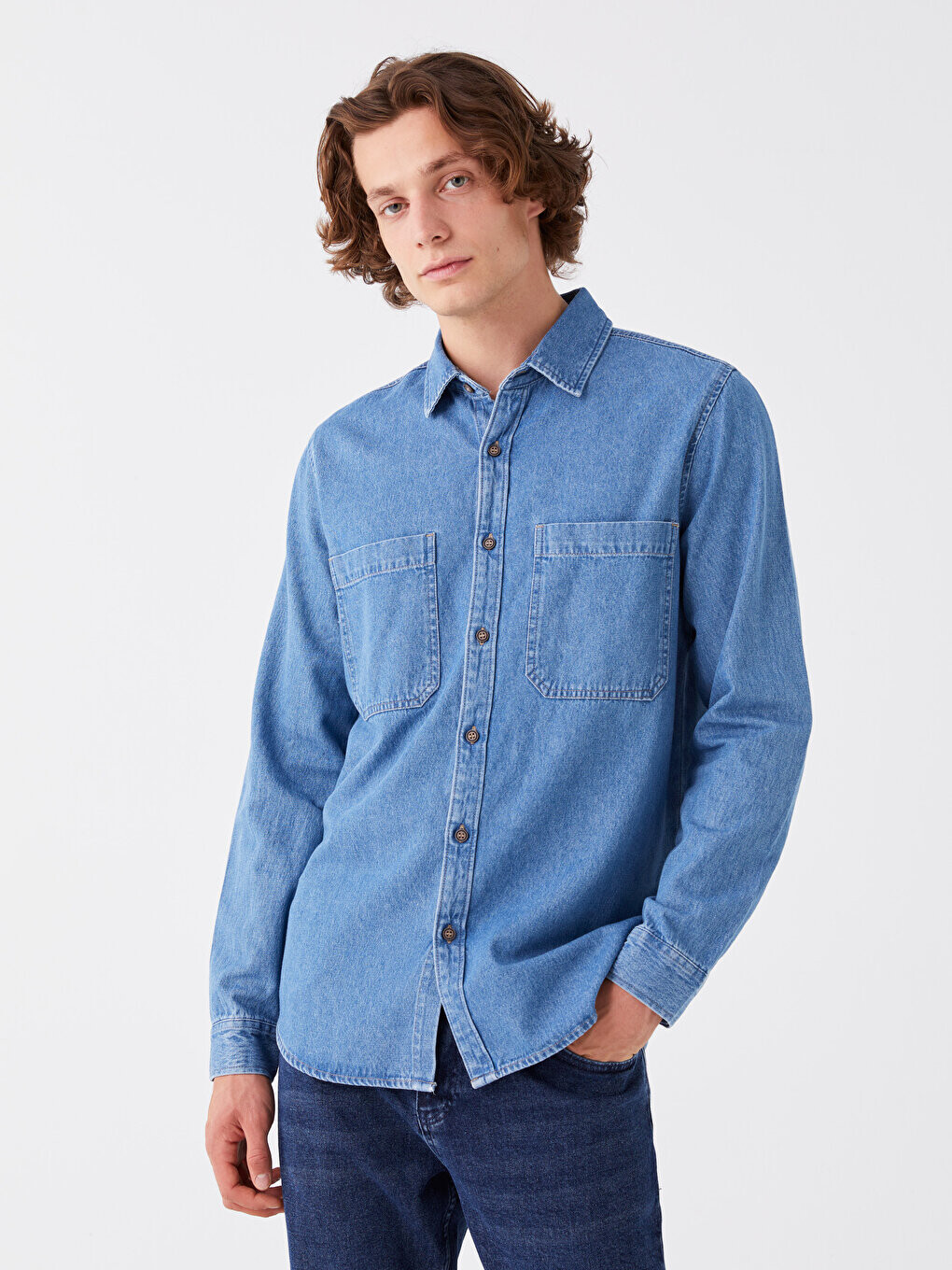

Мужская джинсовая рубашка стандартного кроя с длинным рукавом LCW Jeans, среднее индиго родео