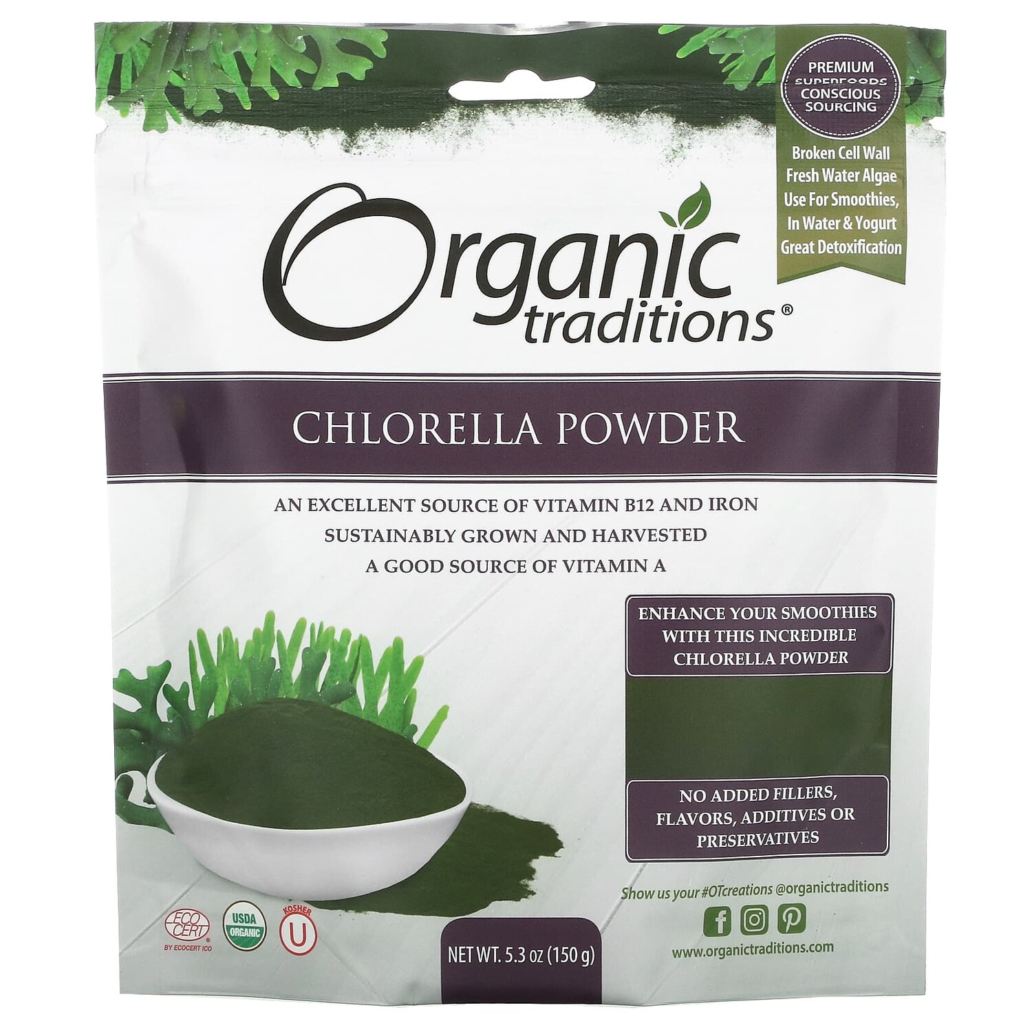

Хлорелла в порошке, 150 г (5,3 унции), Organic Traditions