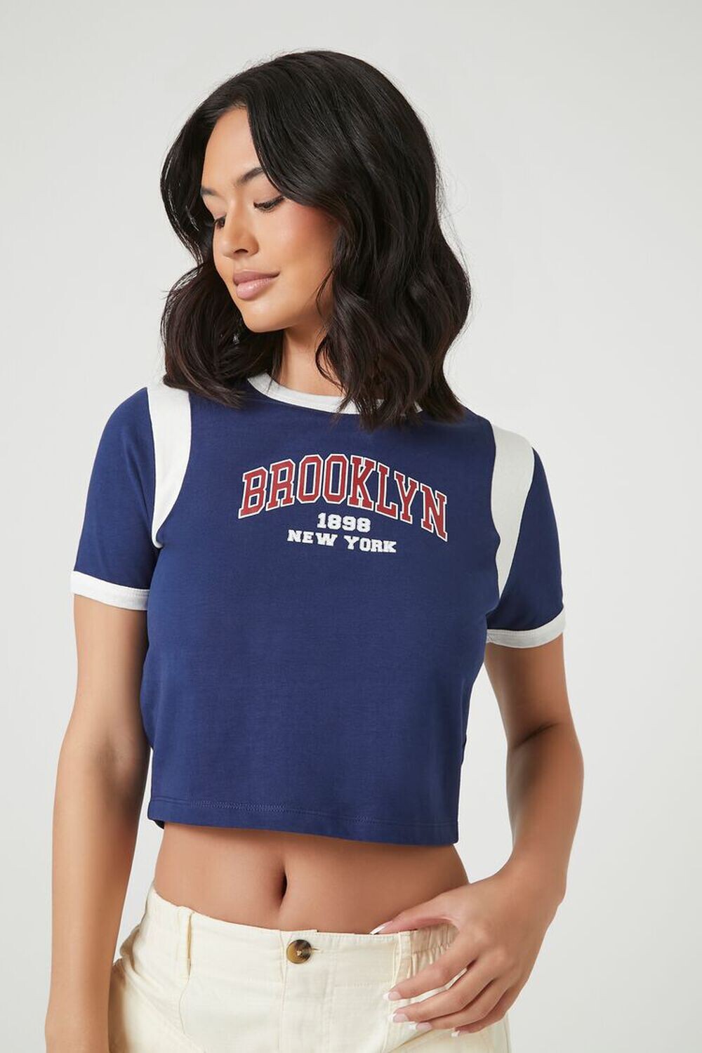 

Укороченная футболка Brooklyn с графическим рисунком Forever 21, нави