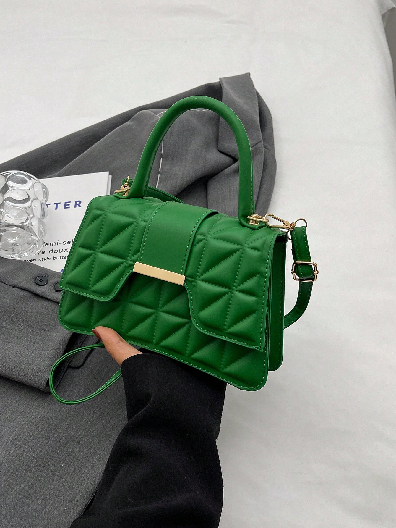 Модная женская большая сумка с ромбическим узором, зеленый