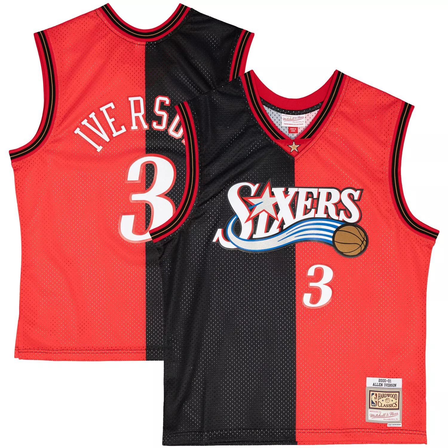 

Мужская майка Mitchell & Ness Allen Iverson черно-красная Philadelphia 76ers Hardwood Classics 2000-01 Split Swingman, Черный