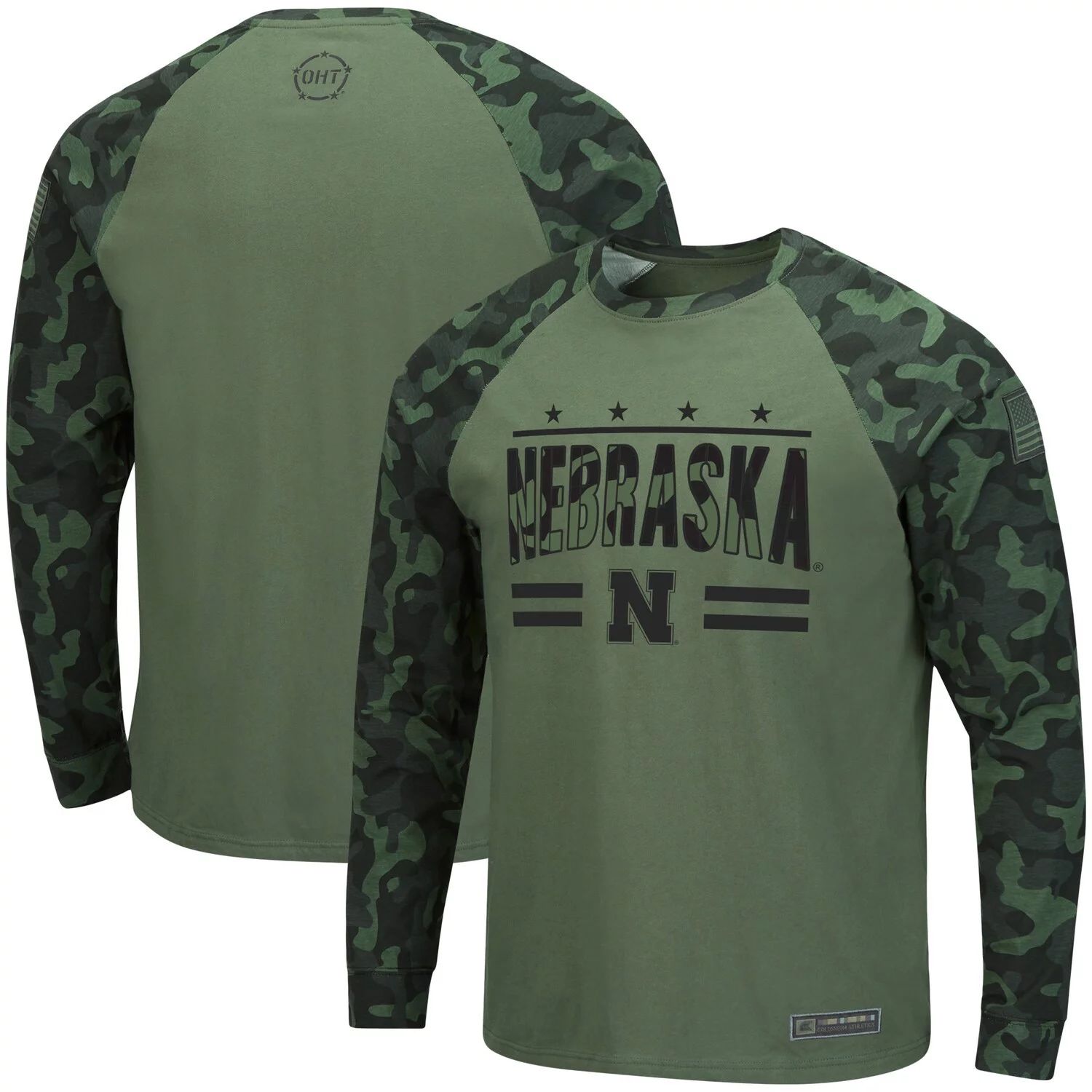 Мужская оливково-камуфляжная футболка Nebraska Huskers OHT Military Appreciation Raglan с длинным рукавом Colosseum