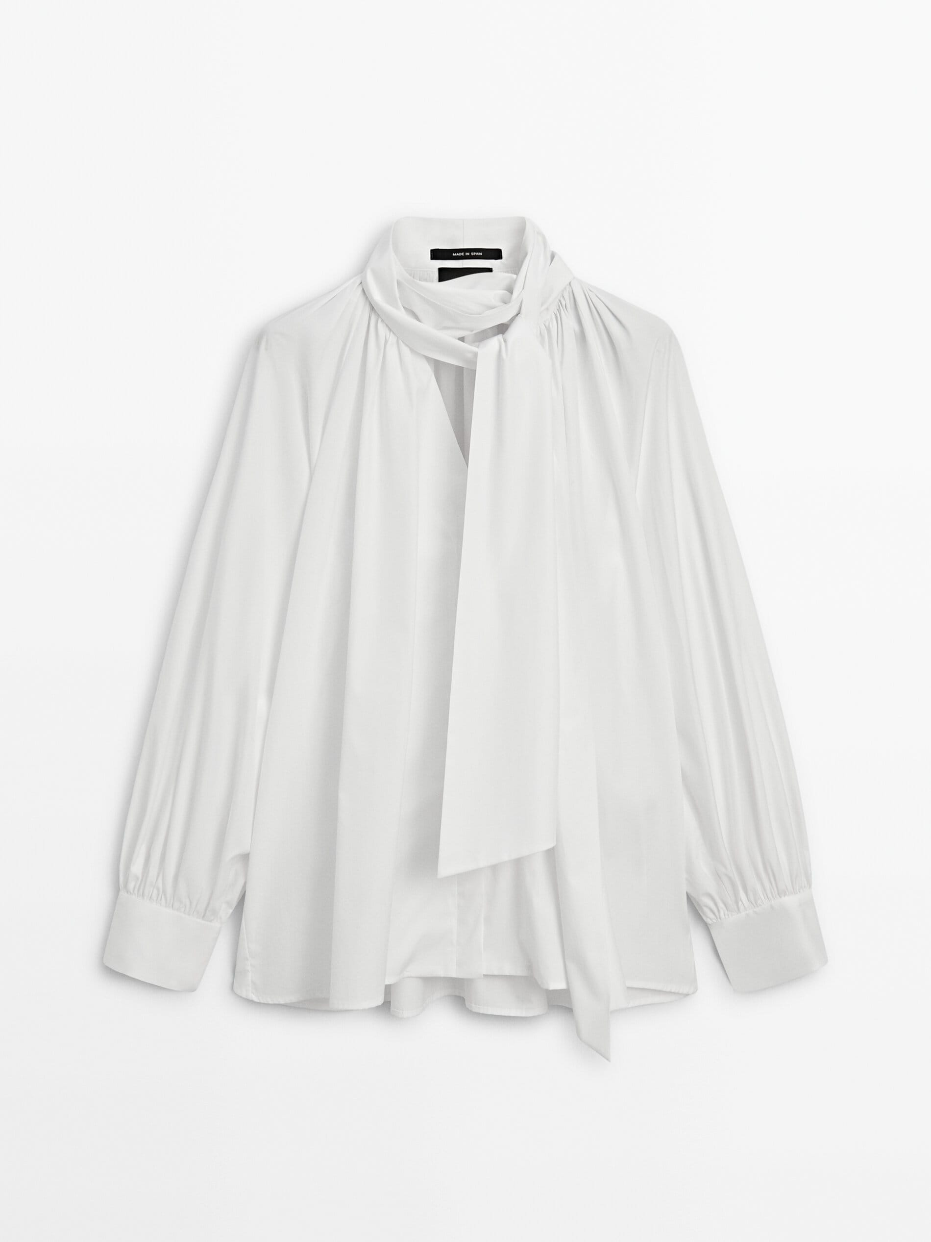 Плиссированная хлопковая рубашка с завязками Massimo Dutti, белый