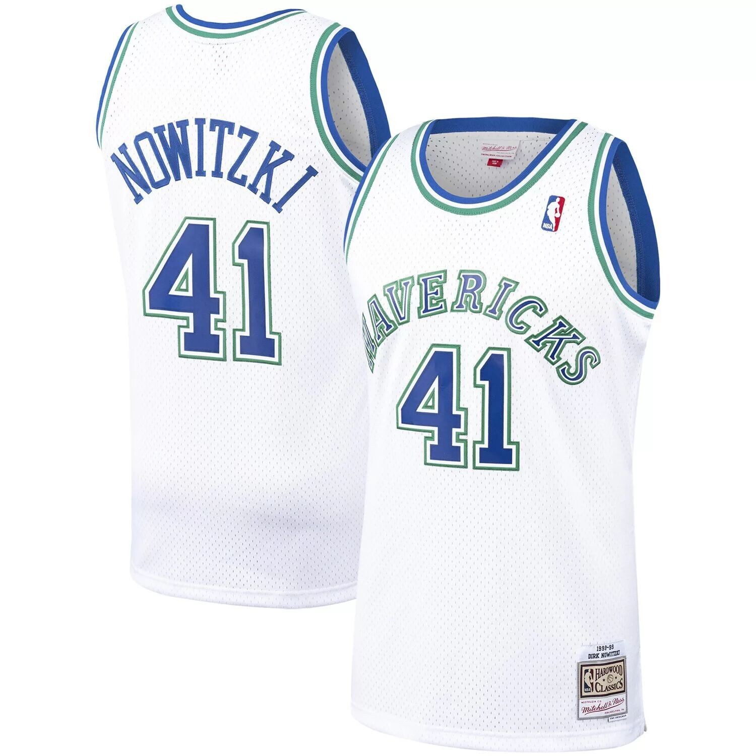 

Мужская майка Mitchell & Ness Dirk Nowitzki White Dallas Mavericks 1998-99 Hardwood Classics Swingman