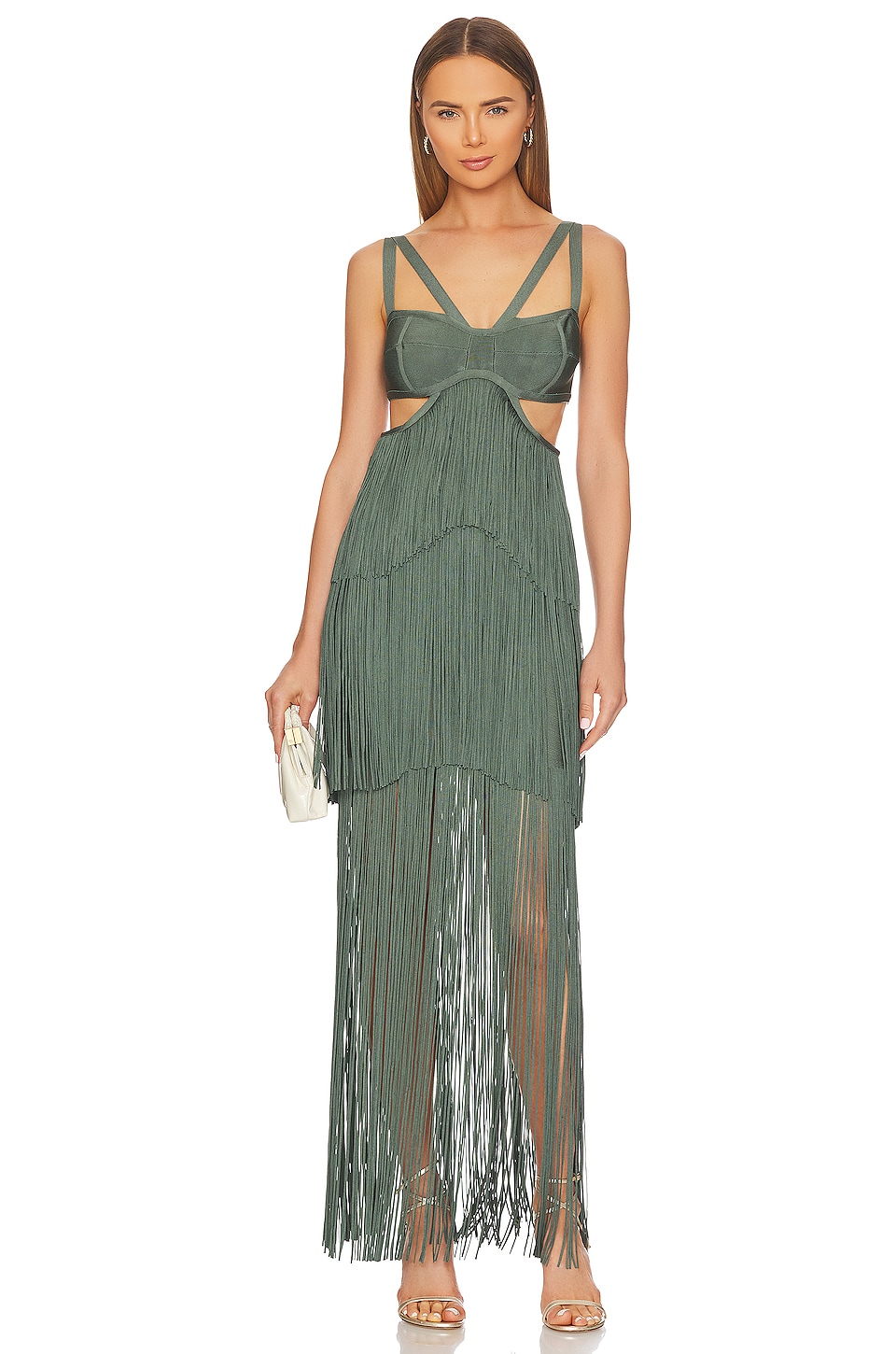 

Платье Herve Leger Strappy Tiered Fringe Gown, цвет Willow