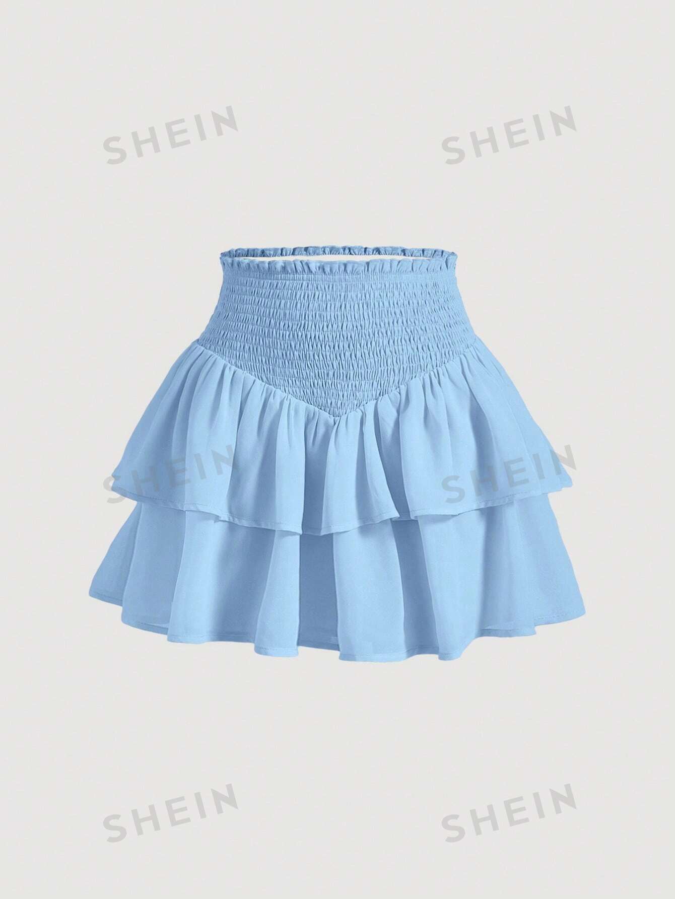 SHEIN MOD SHEIN MOD женская двухслойная мини-юбка с асимметричным подолом и рюшами и присборенной талией, голубые женская мини юбка с завышенной талией повседневная трапециевидная юбка в готическом стиле с асимметричным подолом в стиле харадзюку 2021