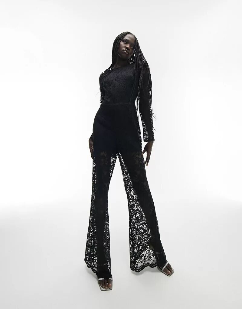

Черный кружевной комбинезон прямого кроя Topshop