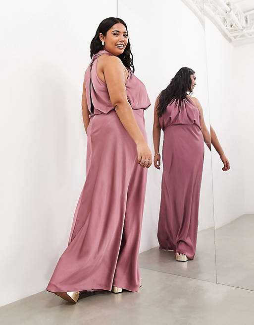 Атласное платье макси со сборками и воротником-хомутом ASOS EDITION Curve