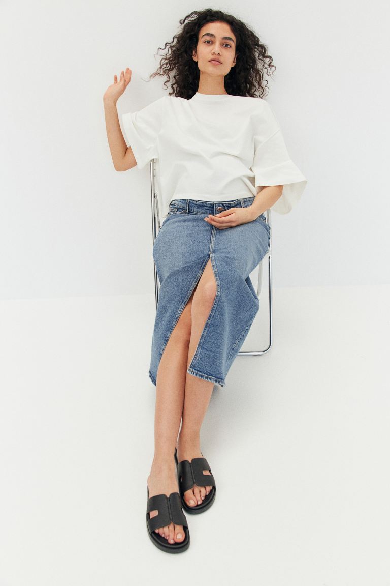 Джинсовая юбка Mom длины миди H&M, синий юбка карандаш женская до колен пикантная офисная облегающая замшевая повседневная юбка с завышенной талией с разрезом сзади облегающая м