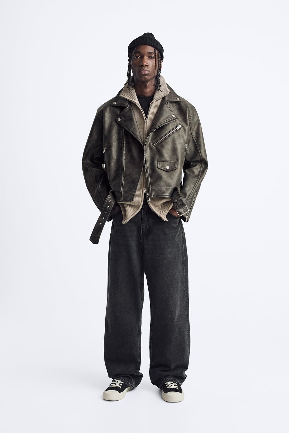 

Укороченная байкерская куртка с эффектом кожи ZARA, коричневый