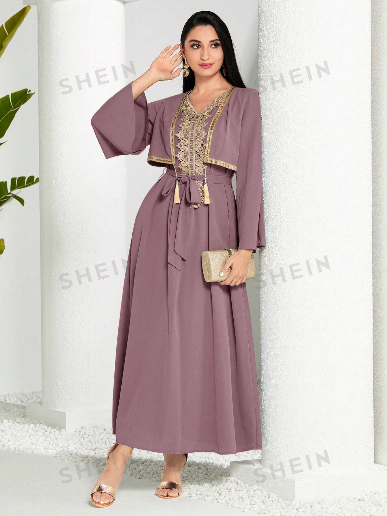 SHEIN Modely женское арабское платье в стиле пэчворк из тканой ленты с бахромой и длинными рукавами, пыльный фиолетовый женское колье с бахромой topqueen sg28