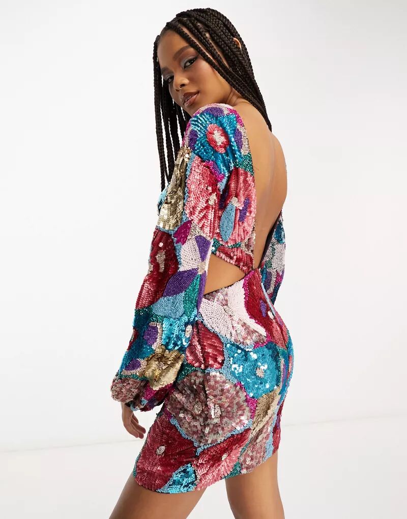 Платье мини с длинными рукавами, цветочным принтом, вырезами и деталями по бокам ASOS