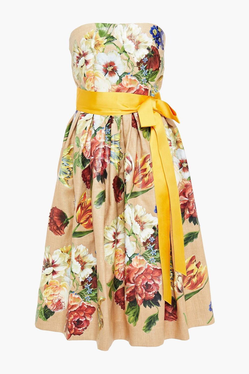 

Платье из холщовой ткани со складками без бретелек и цветочным принтом DOLCE & GABBANA, бежевый