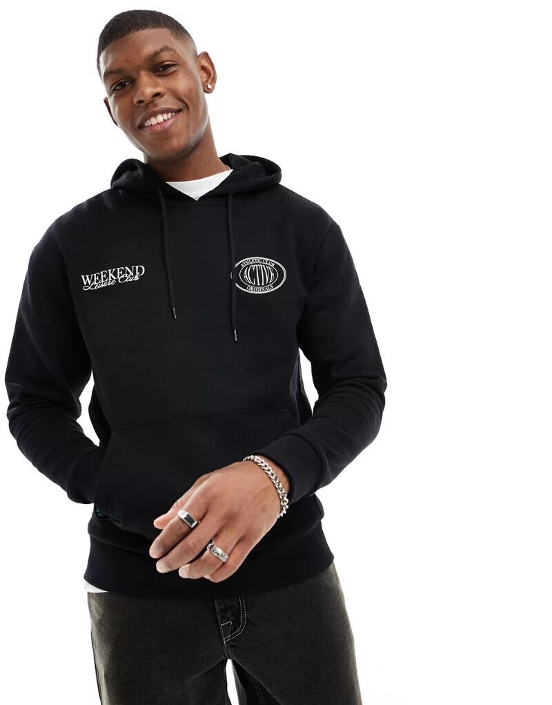 

Черная толстовка оверсайз с принтом выходного дня Jack & Jones, Черный