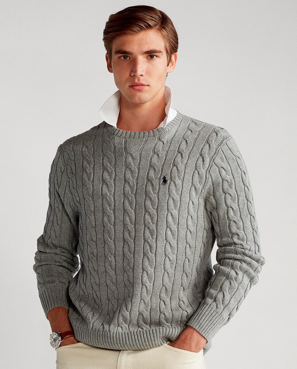 

Мужской хлопковый свитер косой вязки Polo Ralph Lauren, серый