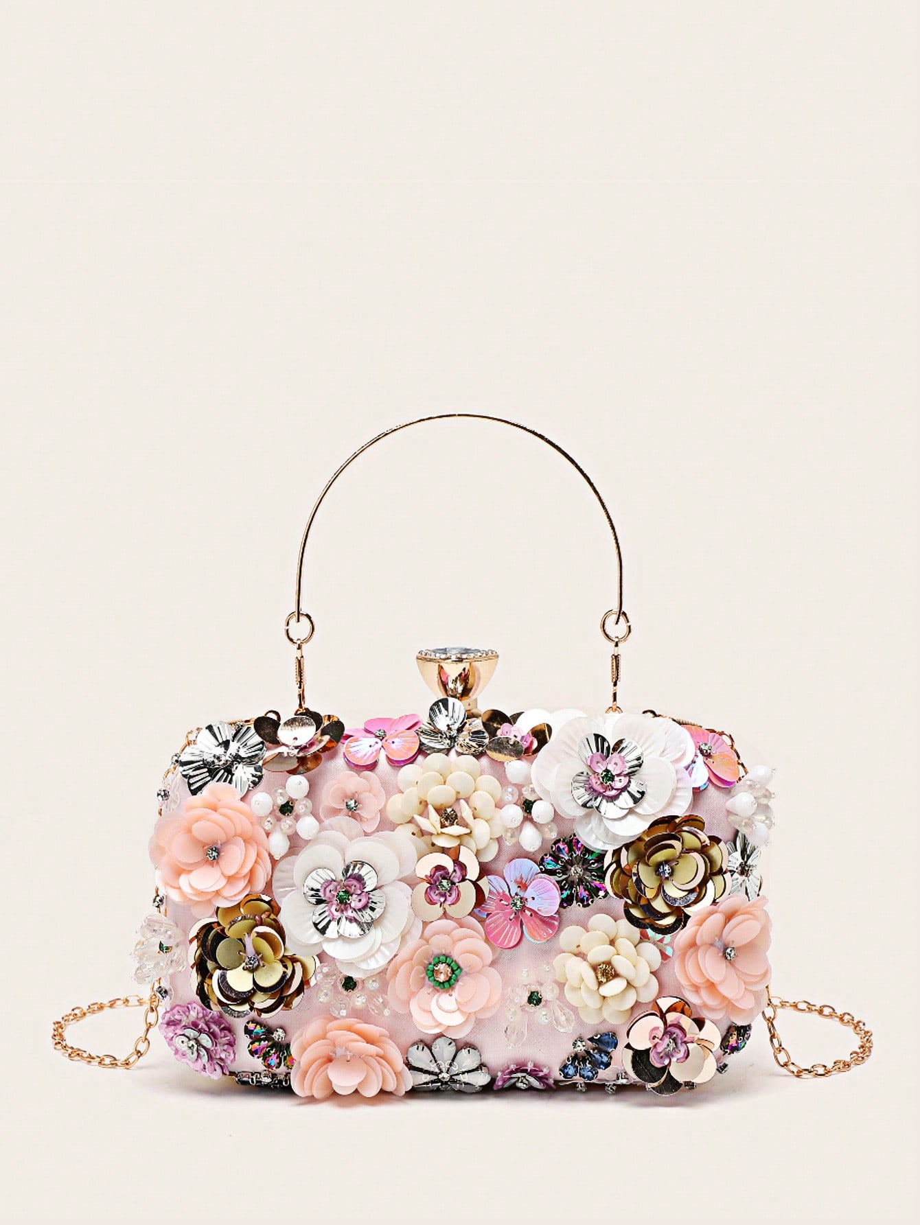 Мини-сумка-коробка с цепочкой и верхней ручкой в ​​виде цветов и бусин, розовый
