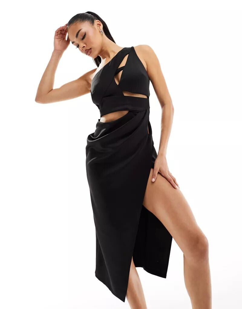 

Черное платье миди на одно плечо с разрезом ASOS