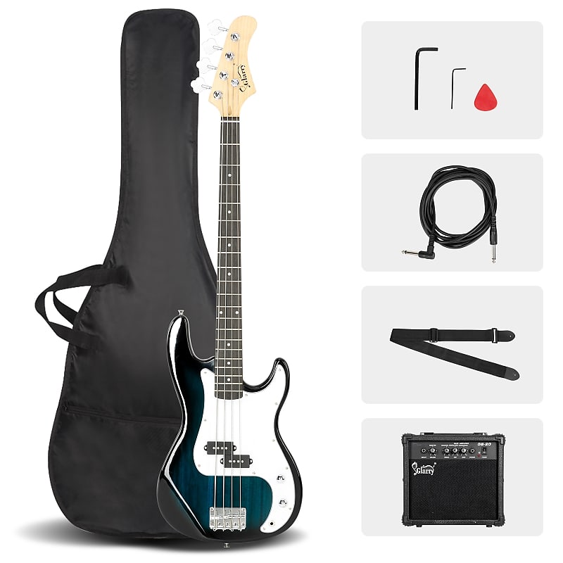 цена Басс гитара Glarry Blue GP Electric Bass Guitar + 20W Amplifier