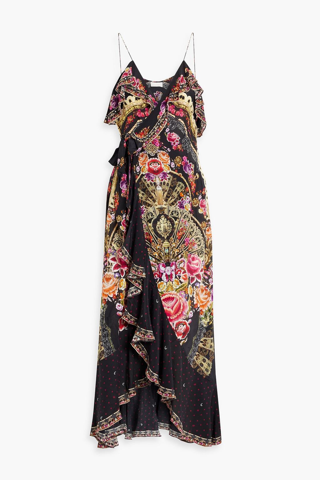 Платье макси из шелкового крепдешина с принтом и оборками CAMILLA, черный цена и фото