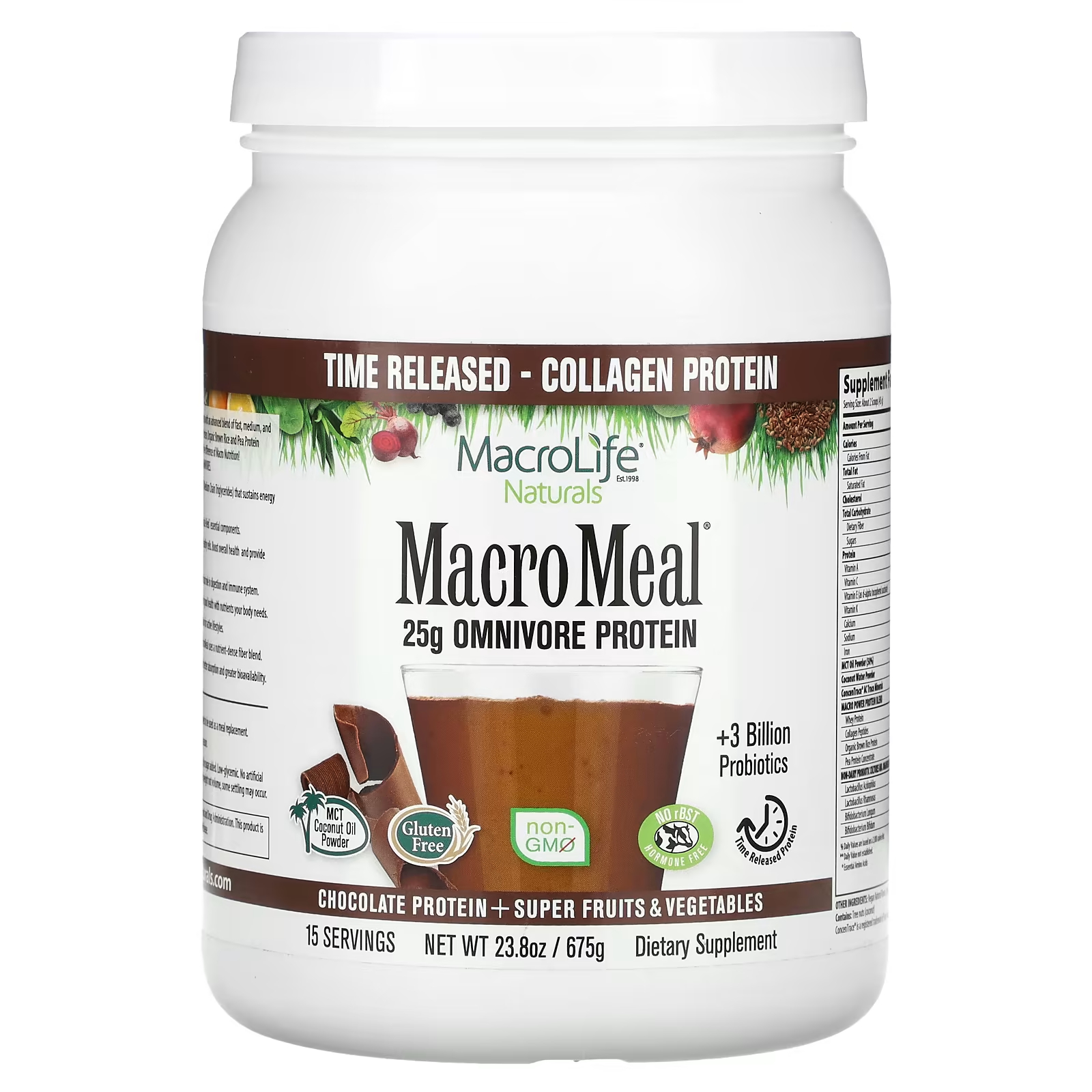 Macrolife Naturals MacroMeal Protein + суперфрукты и овощи, шоколад, 23,8 унции (675 г)
