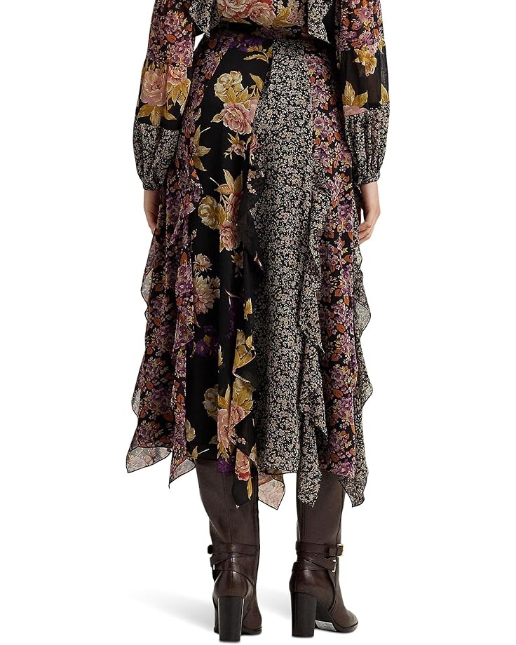 

Юбка LAUREN Ralph Lauren Mixed-Floral Ruffle-Trim Georgette Skirt, цвет Black/Tan/Multi