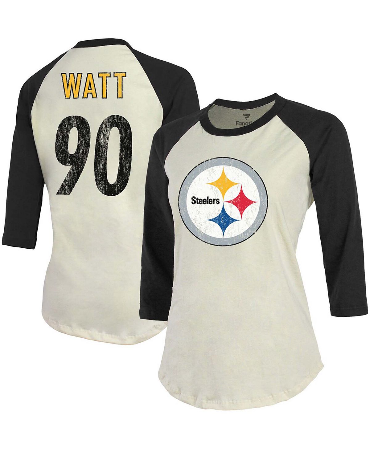 

Женский Ти Джей Черная футболка Watt Cream, реглан с именем и номером игрока Pittsburgh Steelers, рукав 3/4 Fanatics, Черный