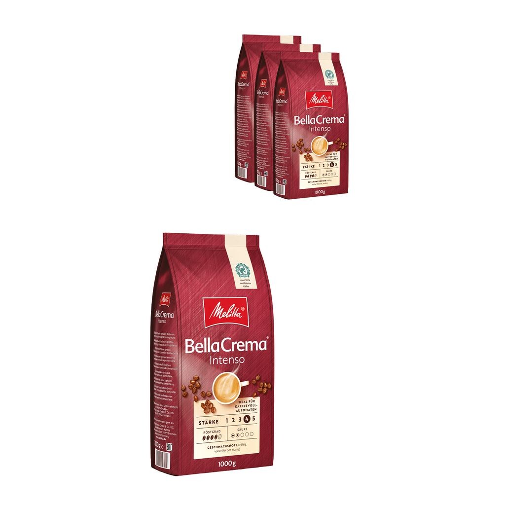 

MELITTA Кофе в зернах BellaCrema Intenso 4 x 1000 г, сильный аромат, интенсивный