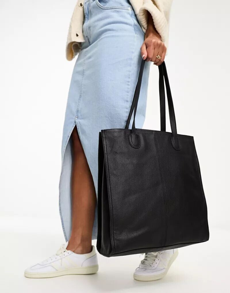 

Черная кожаная сумка-тоут с отделением для ноутбука ASOS