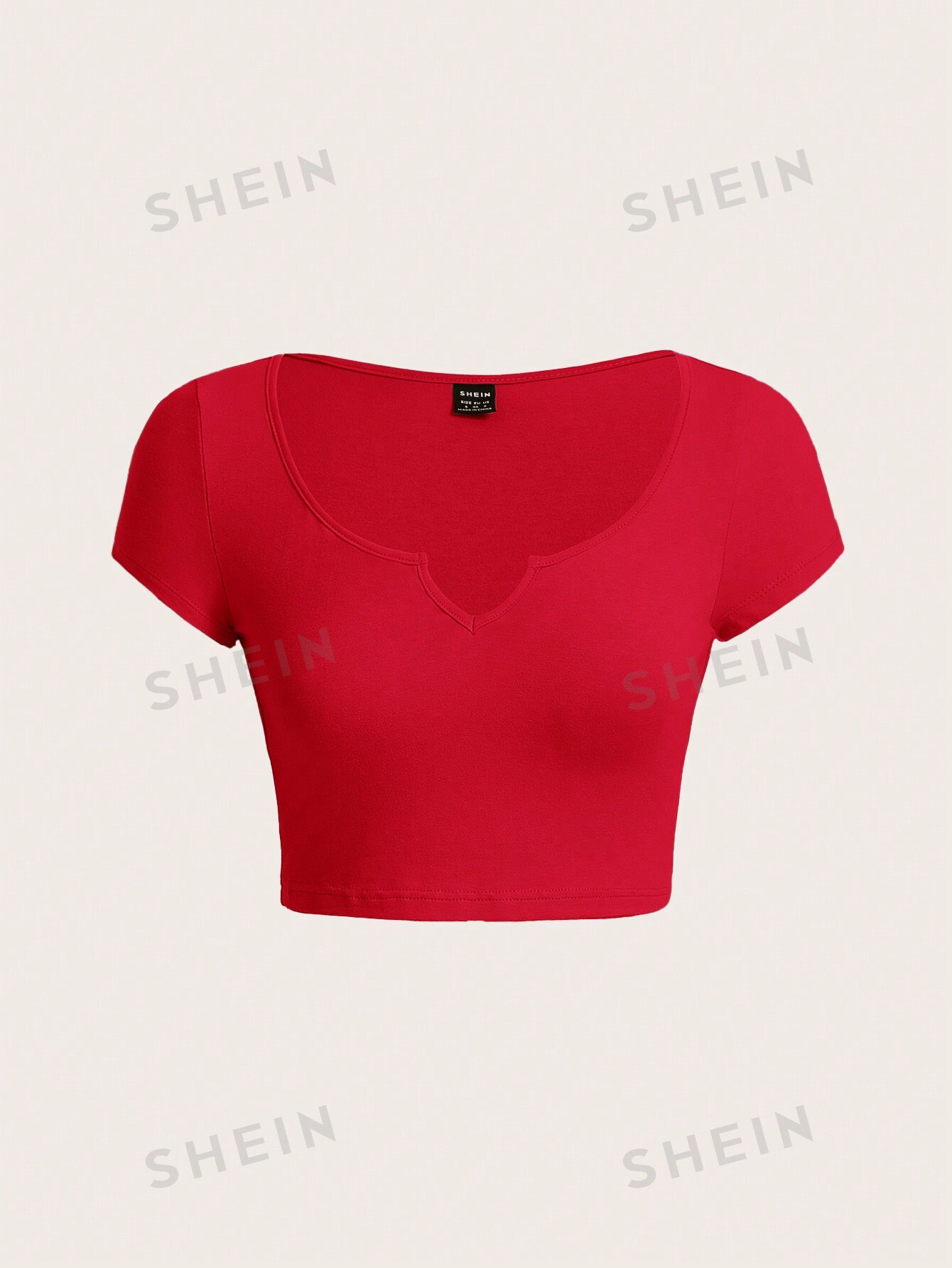 цена SHEIN BASICS Женская однотонная короткая укороченная футболка с вырезом, красный