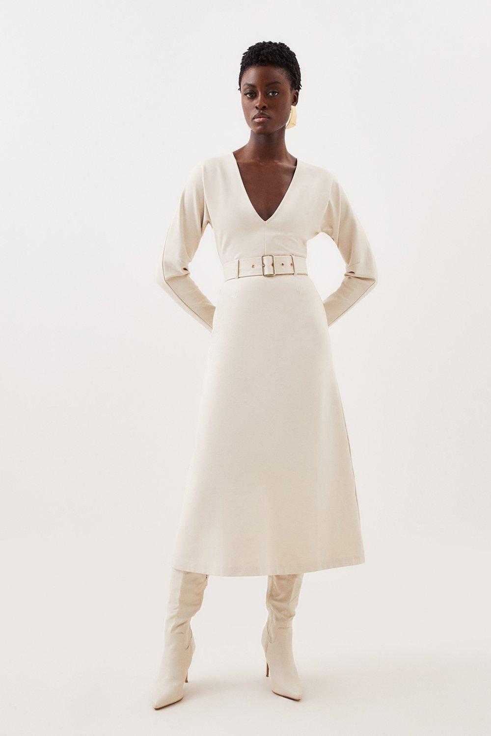 Платье миди с поясом Ponte Karen Millen, белый