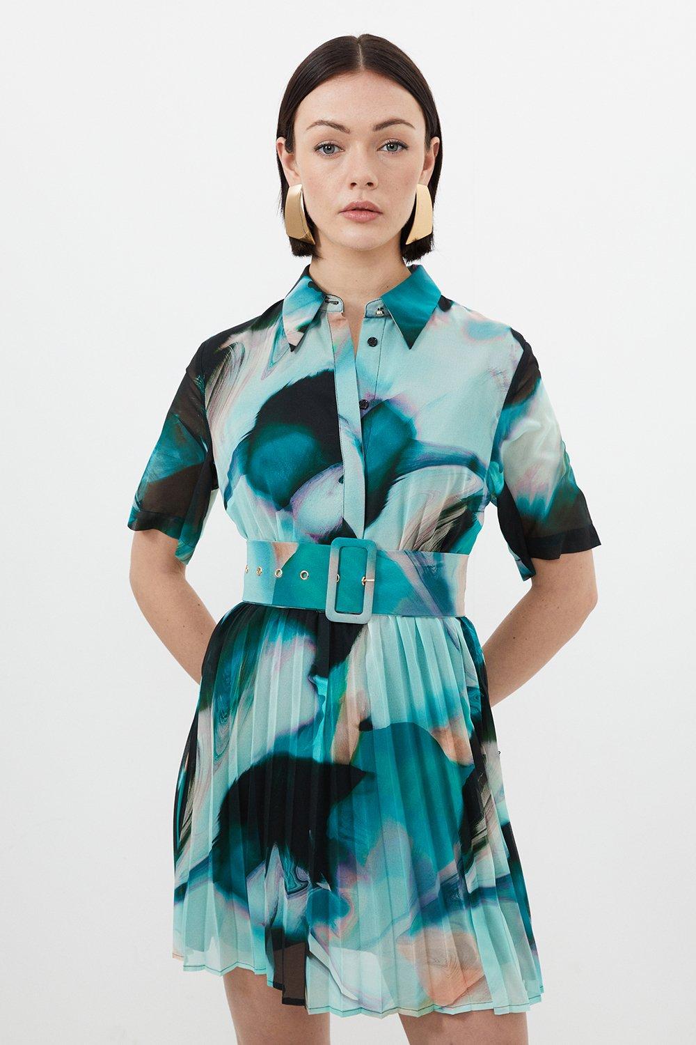 цена Плиссированное мини-платье-рубашка Marble Georgette Karen Millen, зеленый
