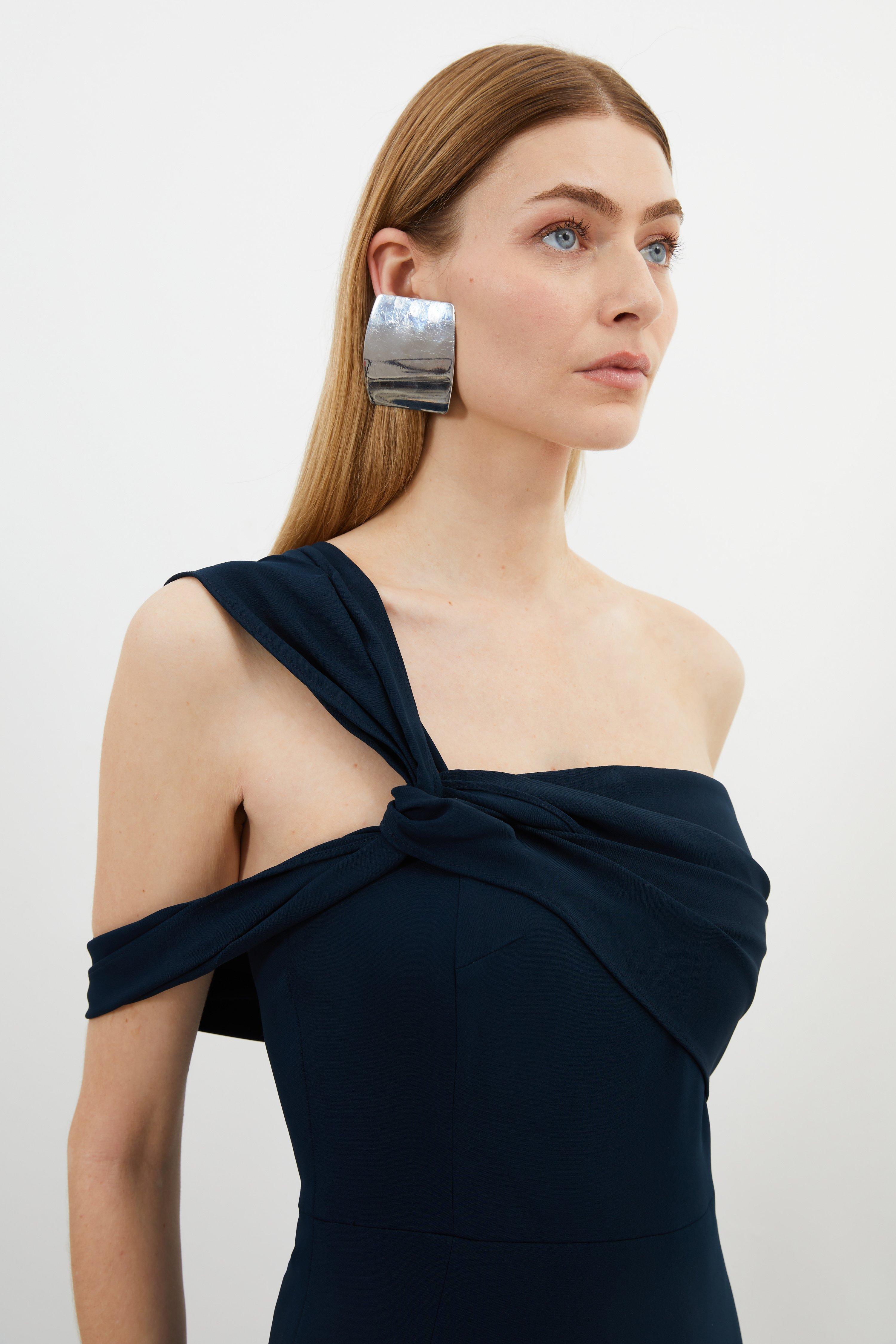 Компактное приталенное платье макси на одно плечо из эластичной вискозы Karen Millen, темно-синий