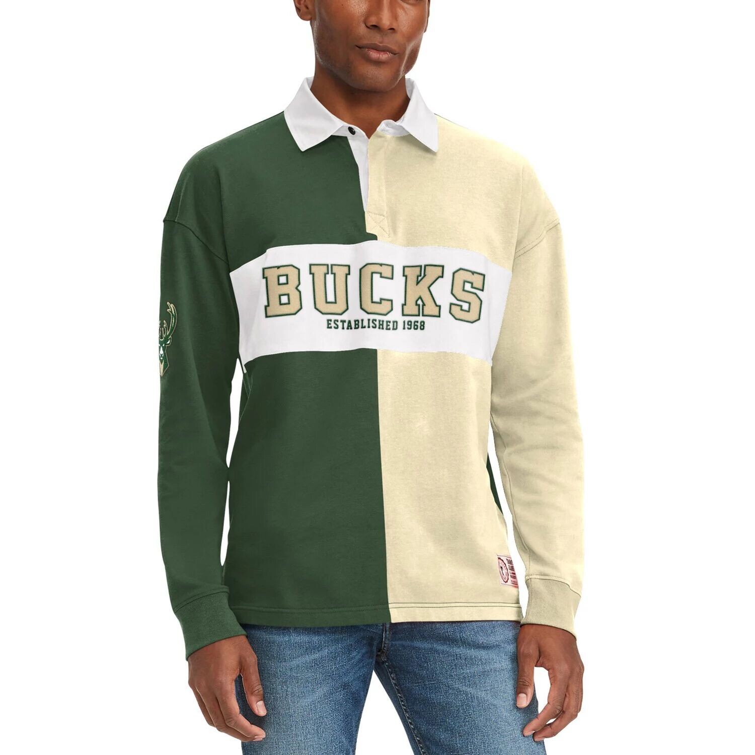 

Мужская футболка Tommy Jeans зелено-кремовая с длинным рукавом Milwaukee Bucks Ronnie Rugby, Зеленый