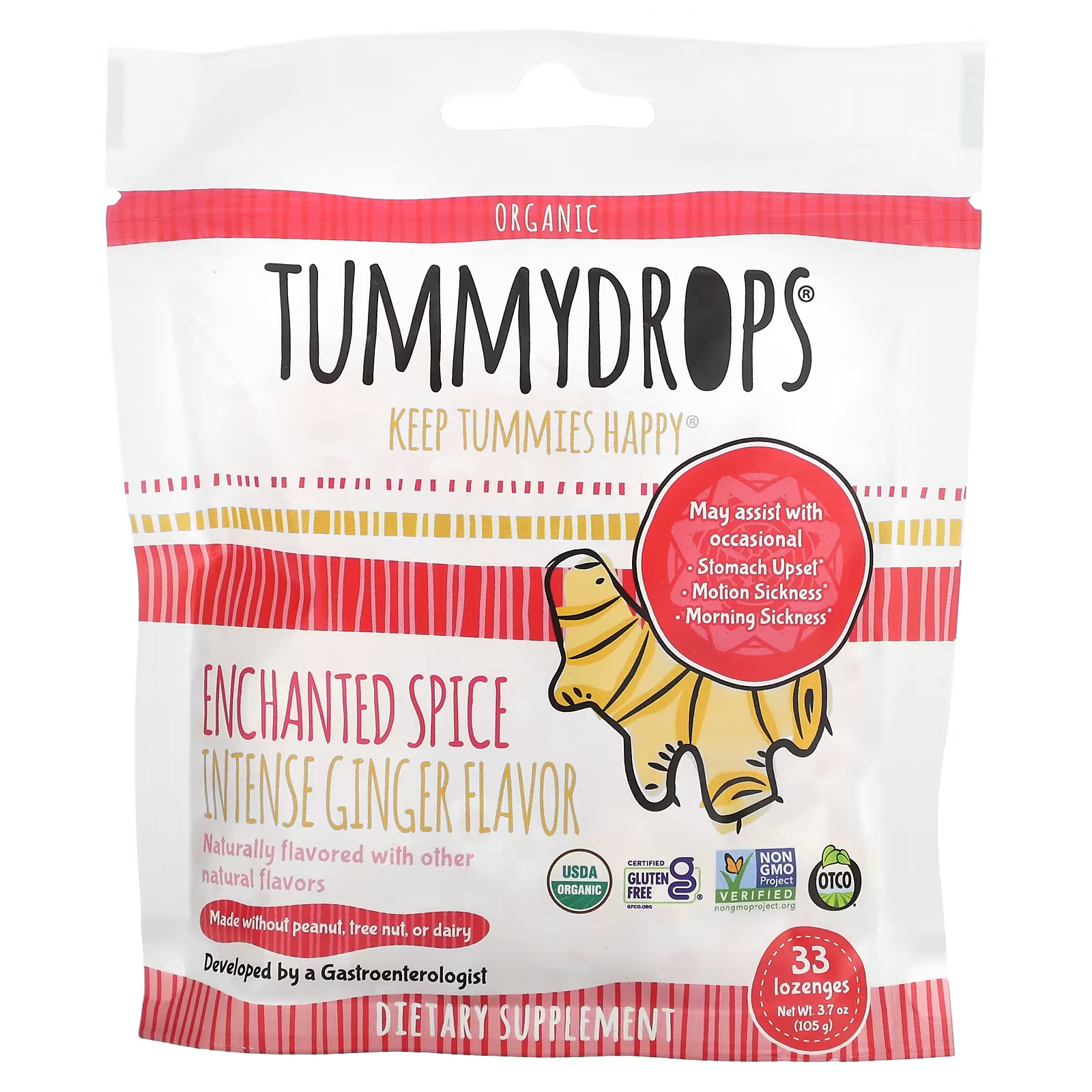 Пищевая добавка Tummydrops Organic Enchanted Spice Intense Ginger, 33 пастилки tummydrops леденцы для живота со сладким имбирем и грушей 33 пастилки