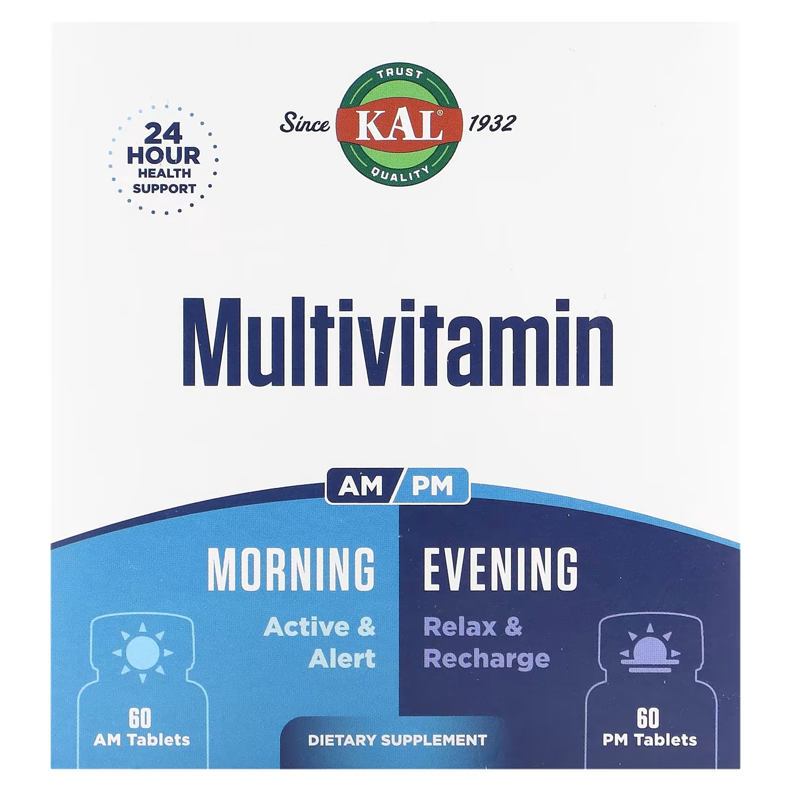 Мультивитамины Kal утром и вечером, 2 упаковки по 60 таблеток kal мультивитамины для женщин старше 50 лет утром и вечером 2 пакетика 60 таблеток в каждом