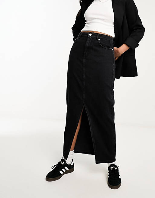 Черная джинсовая юбка миди с разрезом по низу ASOS DESIGN