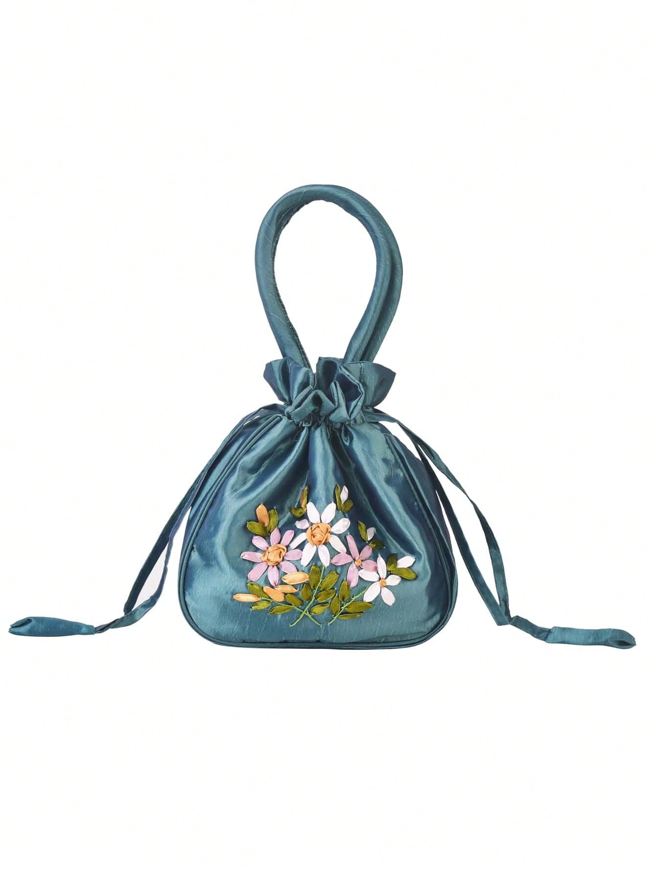 цена Мини-элегантная сумка-ведро с цветочной вышивкой на шнурке, темно-зеленый
