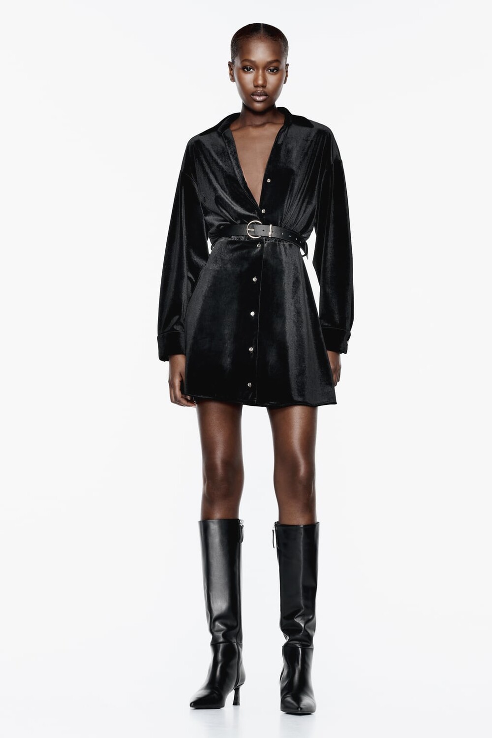 

Бархатное платье-рубашка ZARA, черный