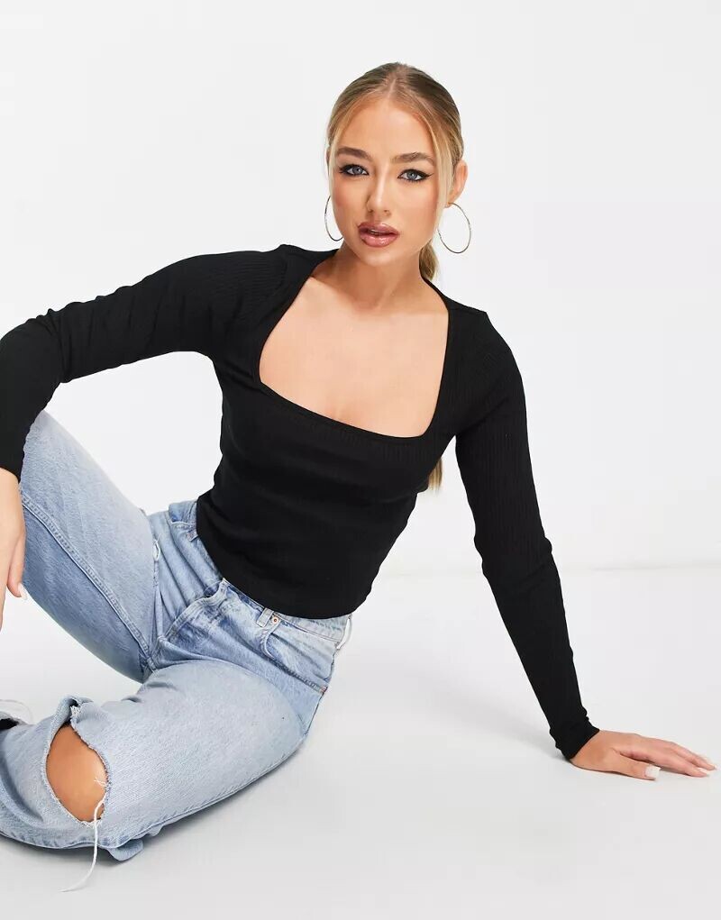 

Черный топ с длинными рукавами и квадратным вырезом ASOS