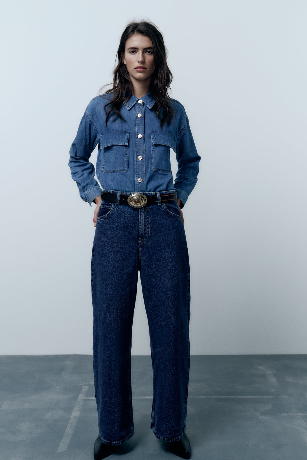 

Джинсовая рубашка Z1975 с накладными карманами ZARA, синий