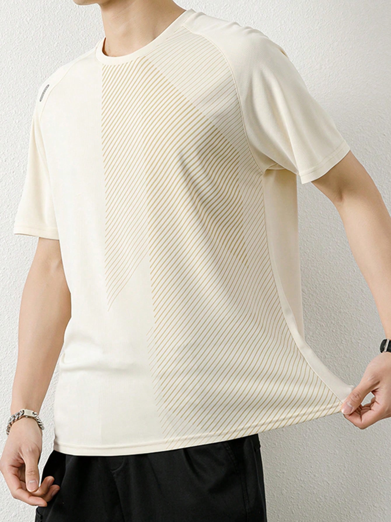 Мужская летняя дышащая быстросохнущая спортивная футболка с короткими рукавами из тонкого ледяного шелка в полоску и с принтом, хаки