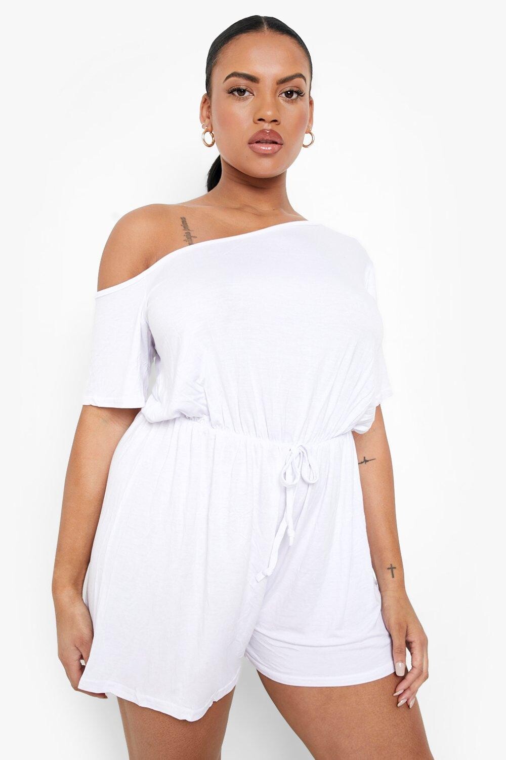 

Асимметричный пляжный комбинезон Plus из джерси boohoo, белый